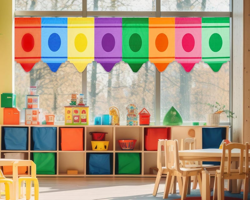 Cosblank 8 Pcs Rainbow Curtains - Cartoon Crayon & Pencil Design, Colorful & Cute, 8 Colors (24 x 12inches) - Perfect for Classroom Decor & Back to School - Image 1